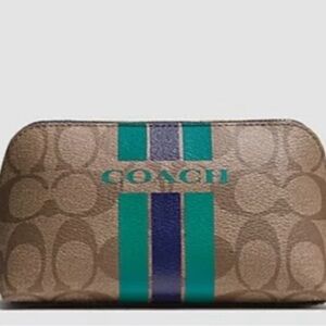 💙👜 Coach Signature Varsity Stripe Cosmetic Case – Teal & Navy Acce